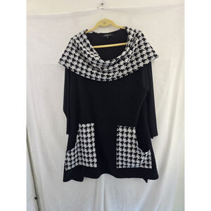 Calessa Black Houndstooth Mock Cowlneck Stretchy L Sleeve Midi Dress. Ladies 2X